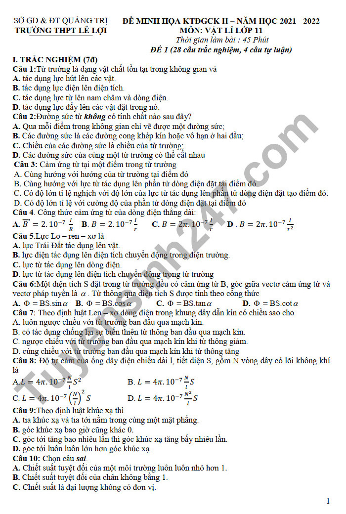 De thi ki 2 mon Li lop 11 THPT Le Loi (Minh hoa) 2022