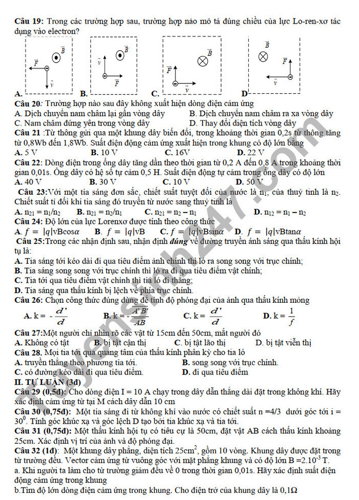 De thi ki 2 mon Li lop 11 THPT Le Loi (Minh hoa) 2022