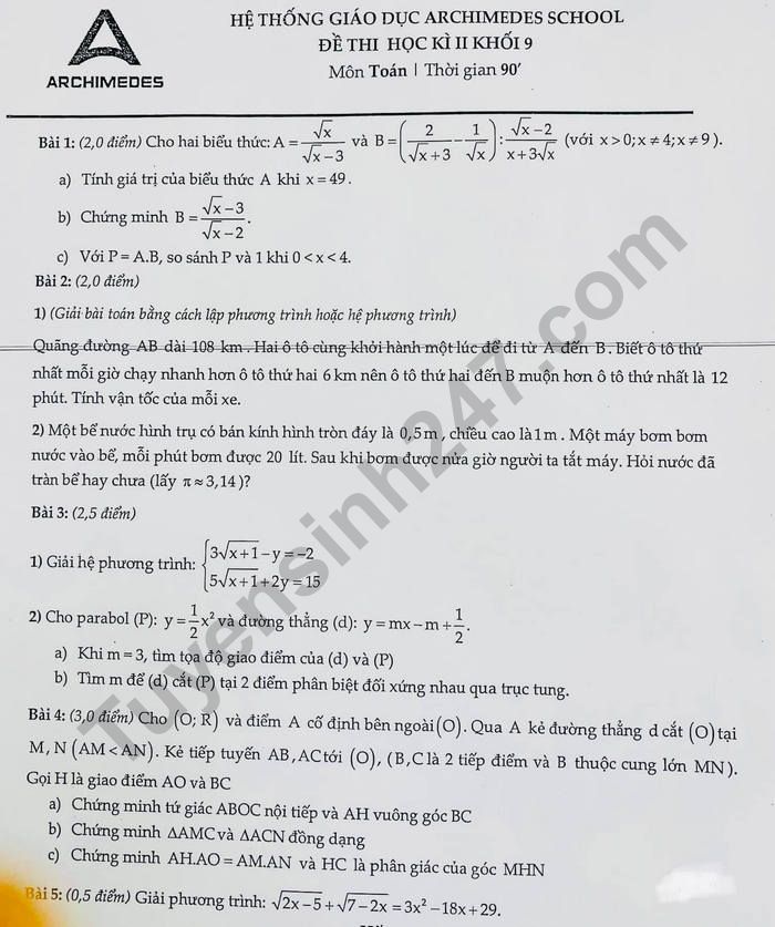 De thi ki 2 lop 9 mon Toan 2022 - He thong Archimedes School
