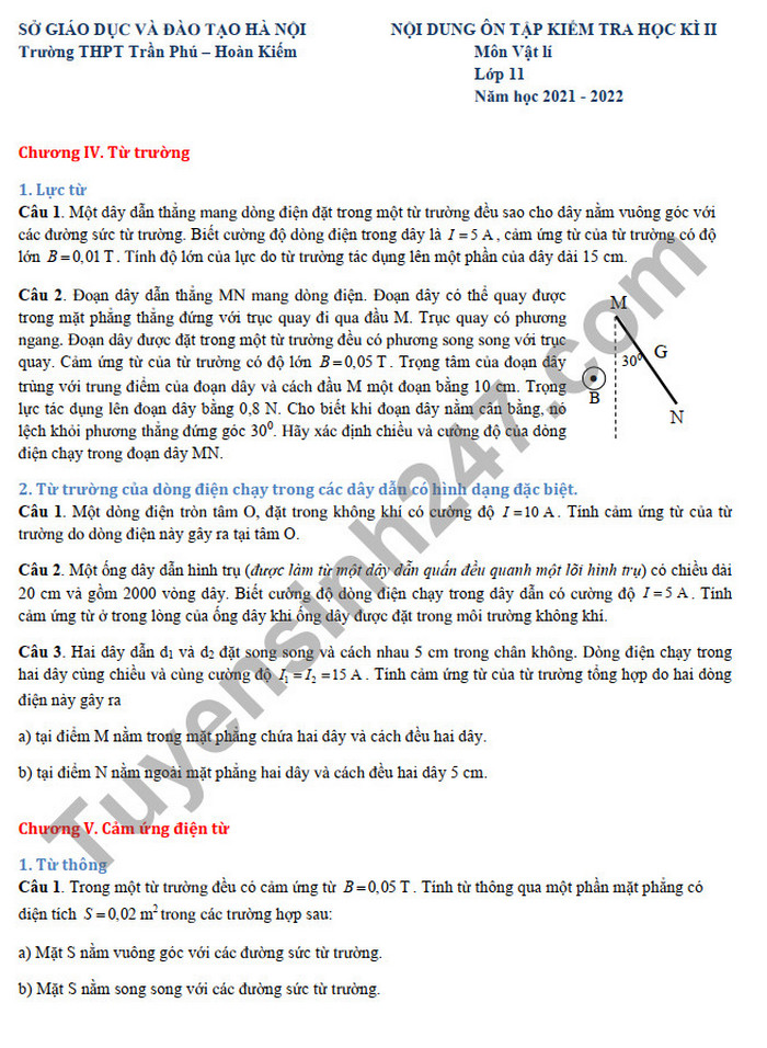 De cuong on tap hoc ki 2 THPT Tran Phu - Hoan Kiem mon Li lop 11 2022