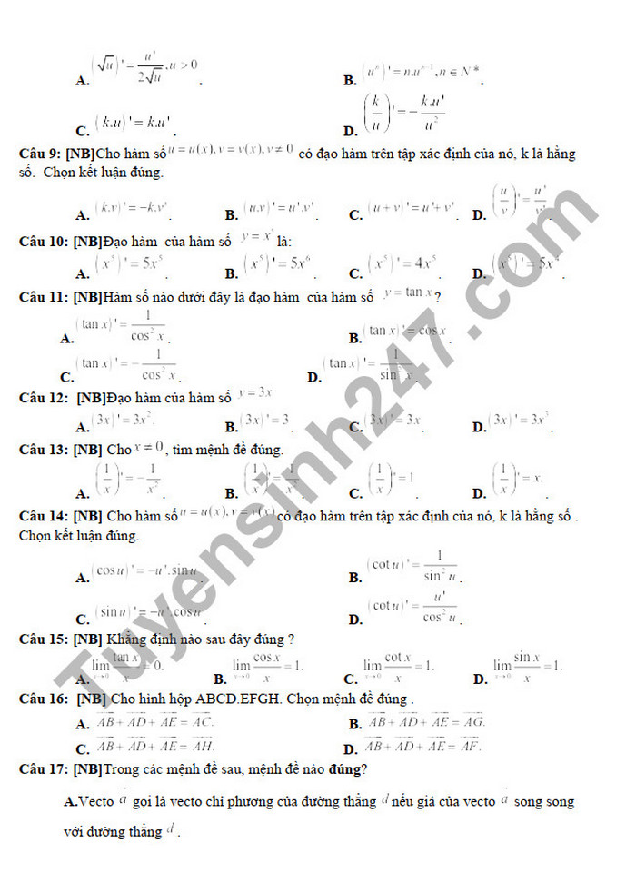 De thi hoc ki 2 (Minh hoa) mon Toan lop 11 THPT Huong Hoa 2022