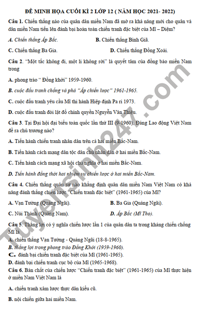 De thi hoc ki 2 mon Su lop 12 - THPT so 2 Bao Thang nam 2022 (Minh hoa)