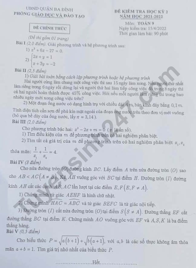 De thi ki 2 mon Toan lop 9 - Quan Ba Dinh 2022
