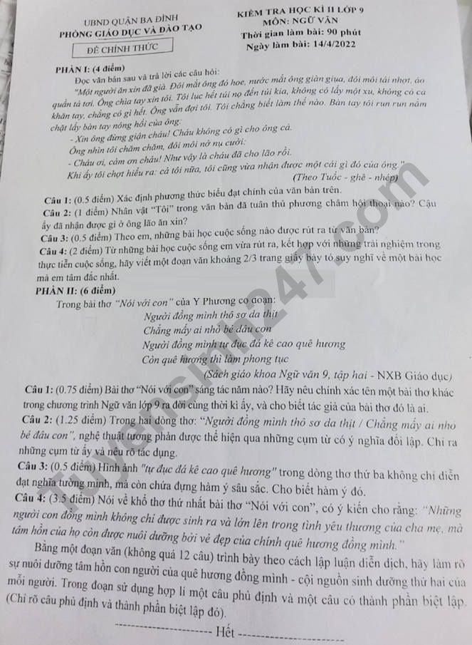 De ki 2 mon Van lop 9 - Quan Ba Dinh 2022