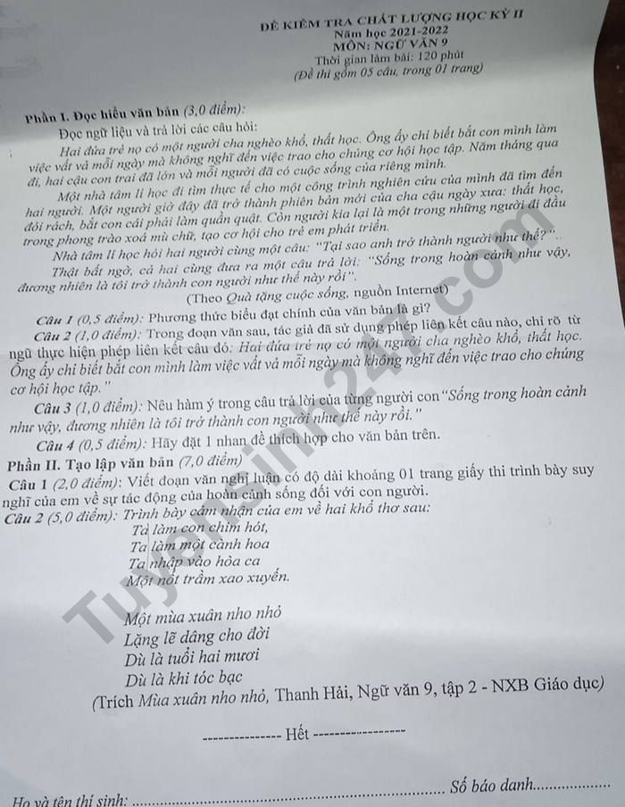 De ki 2 mon Van lop 9 - THCS Ninh Khang 2022