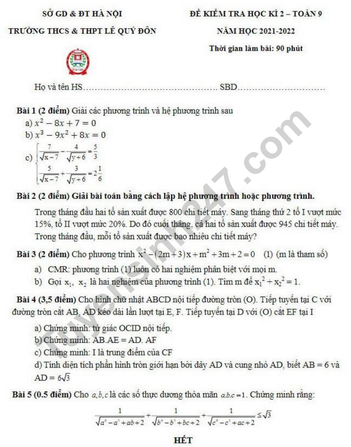 De kiem tra ki 2 mon Toan lop 9 2022 - THCS THPT Le Quy Don