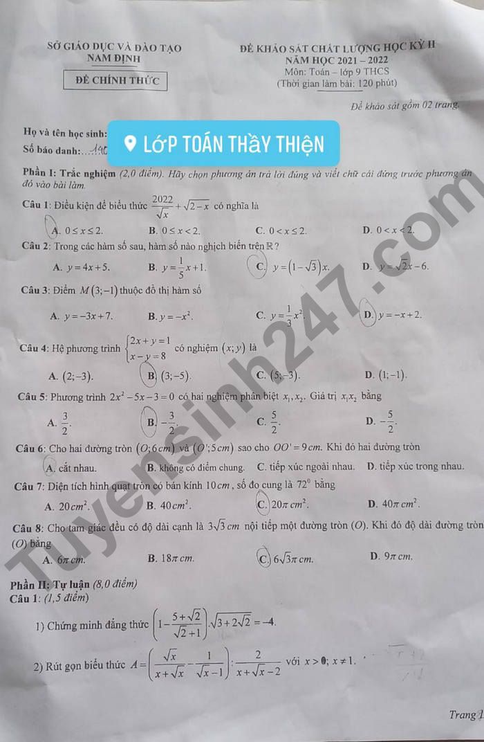 De thi ki 2 mon Toan lop 9 So GD Nam Dinh 2022