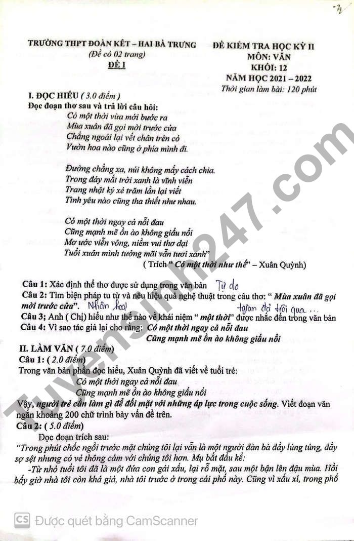 De thi ki 2 mon Van lop 12 THPT Doan Ket - Hai Ba Trung 2022