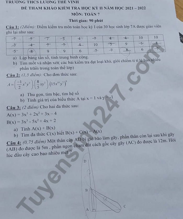 De thi hoc ki 2 mon Toan lop 7 - THCS Luong The Vinh nam 2022 (de tham khao)