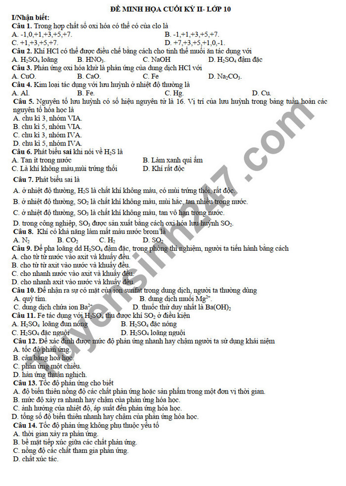 De thi ki 2 mon Hoa lop 10 THPT Huong Hoa 2022 (Minh hoa)