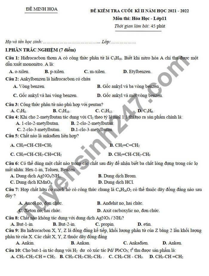 De thi ki 2 mon Hoa lop 11 (Minh hoa) THPT Huong Hoa 2022