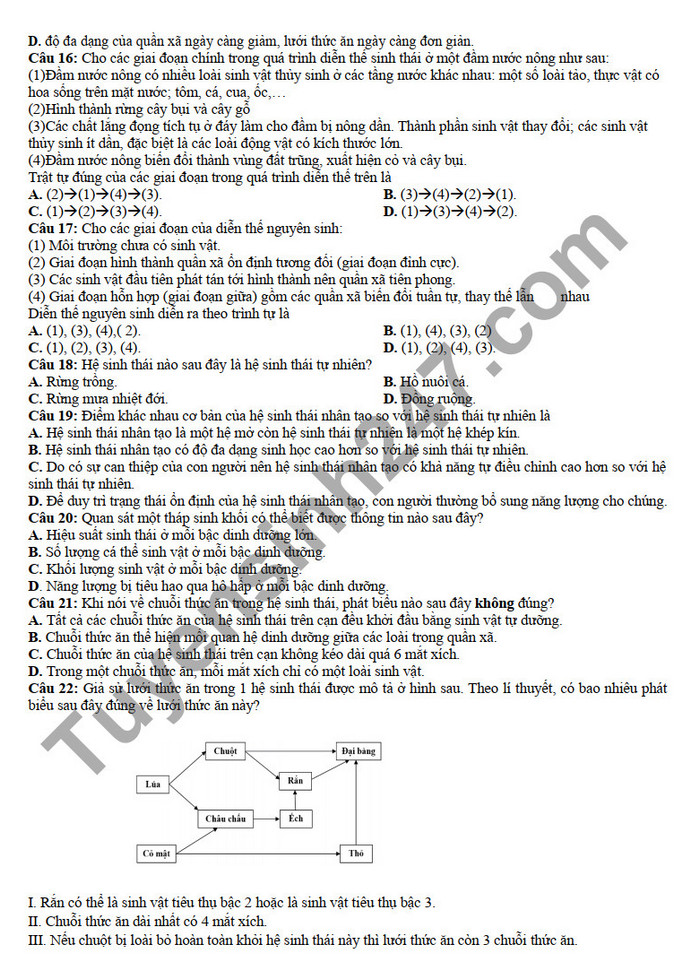 De thi ki 2 mon Sinh lop 12 THPT Le Loi 2022 (Minh hoa)
