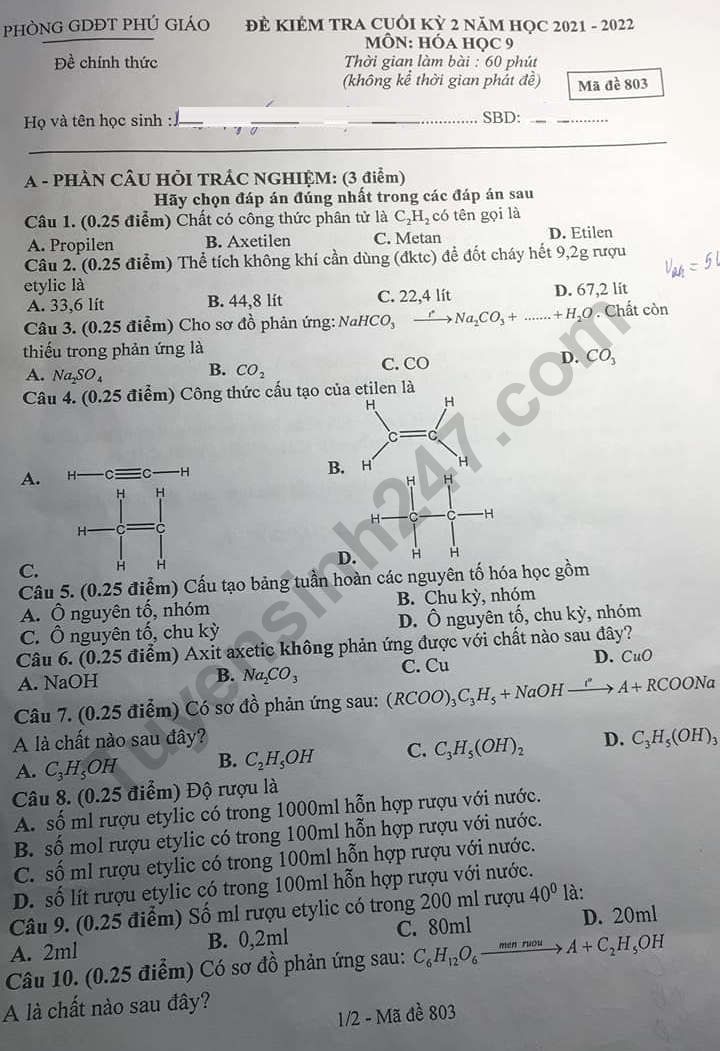 De kiem tra ki 2 lop 9 mon Hoa 2022 - Phong GD Phu Giao