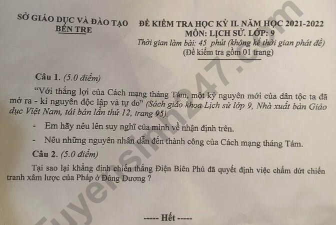 De thi ki 2 lop 9 mon Su 2022 - So GD Ben Tre