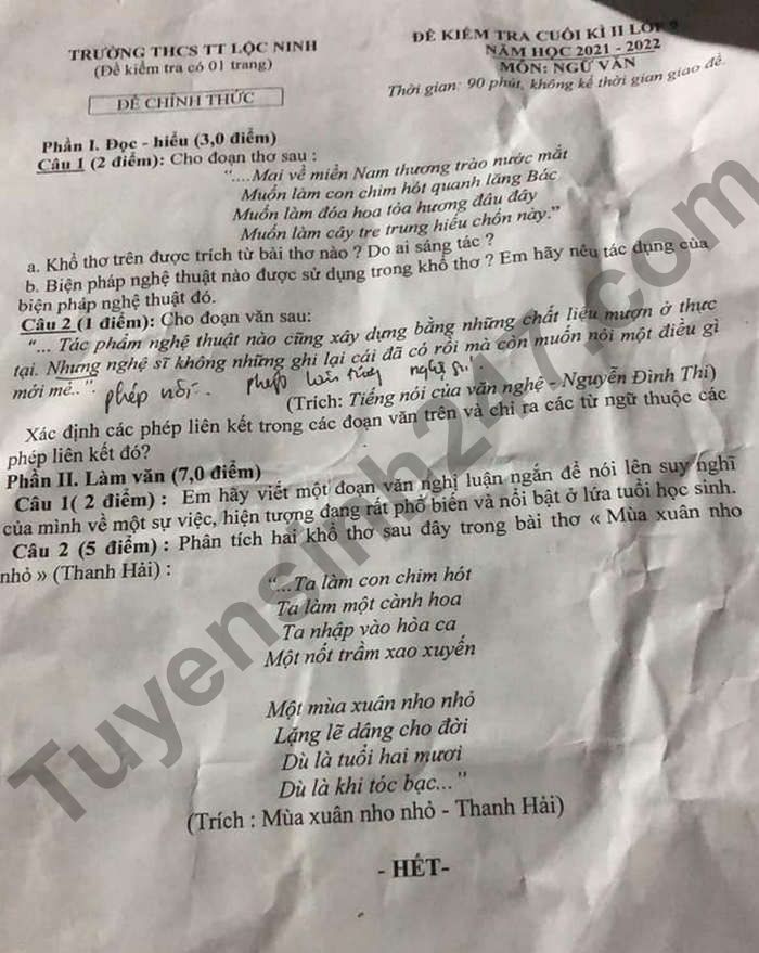 De thi ki 2 mon Van lop 9 THCS TT Loc Ninh 2022