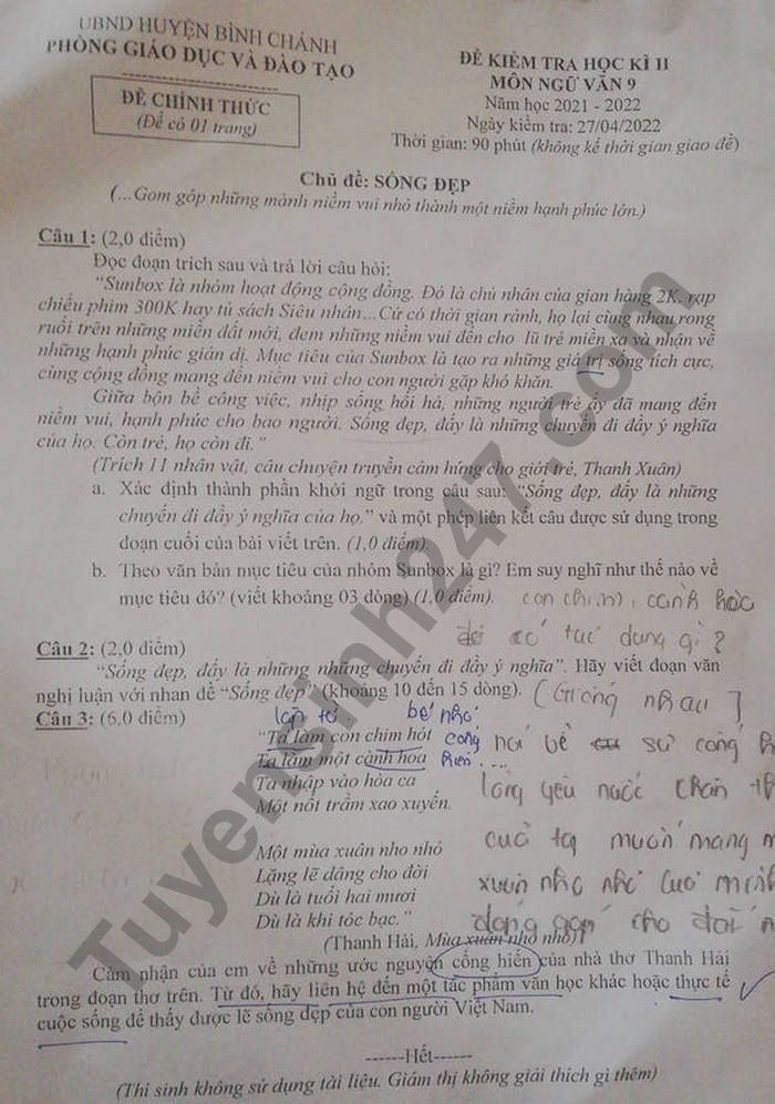 De thi hoc ki 2 mon Van lop 9 huyen Binh Chanh nam 2022