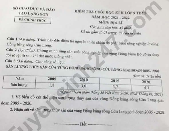 De thi ki 2 lop 9 mon Dia nam 2022 - So GD Lang Son