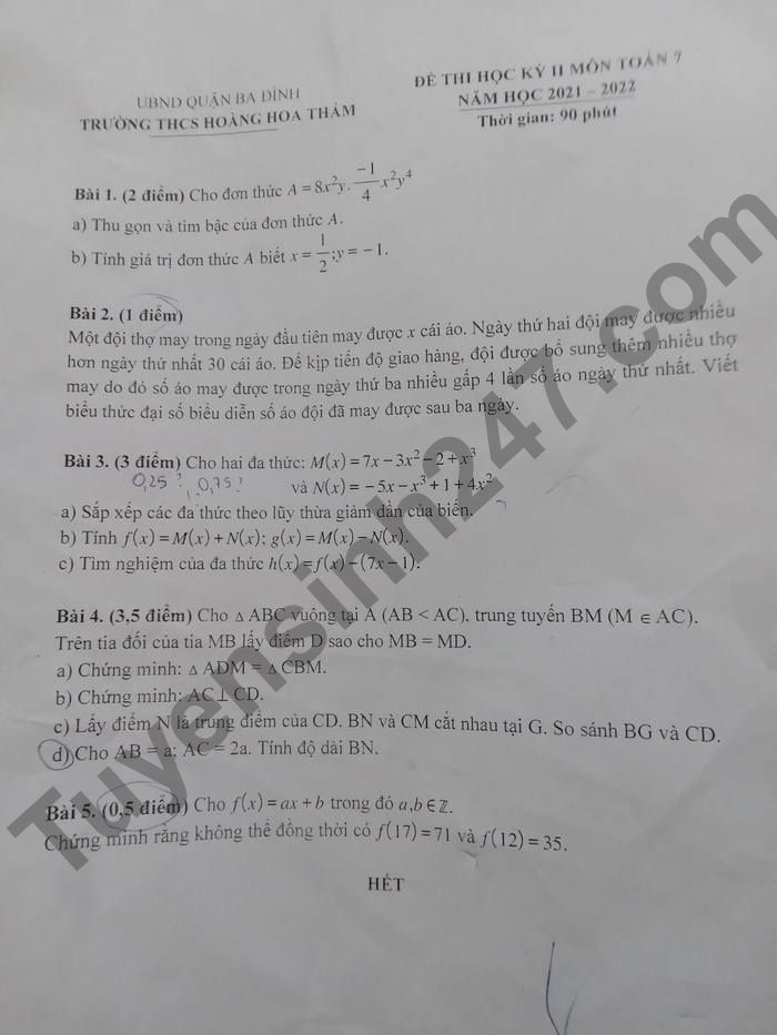 De thi ki 2 mon Toan lop 7 THCS Hoang Hoa Tham 2022