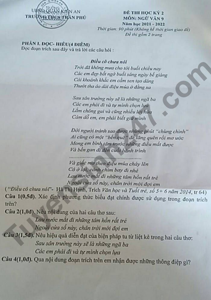 De thi ki 2 mon Van lop 9 THCS Tran Phu 2022