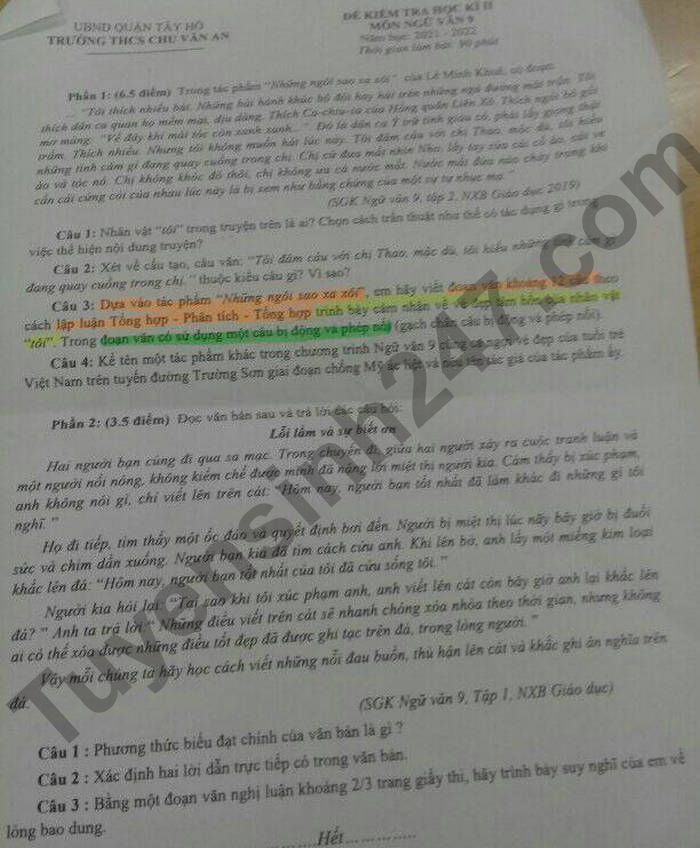 De thi ki 2 mon Van THCS Chu Van An 2022 lop 9