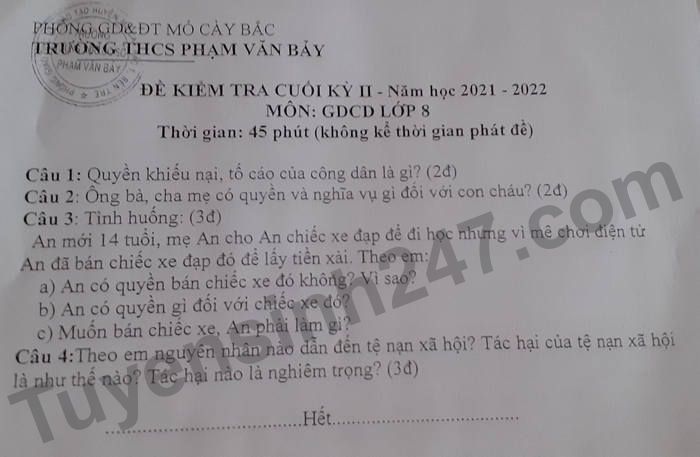 De thi hoc ki 2 mon GDCD - THCS Pham Van Dong lop 8 nam 2022