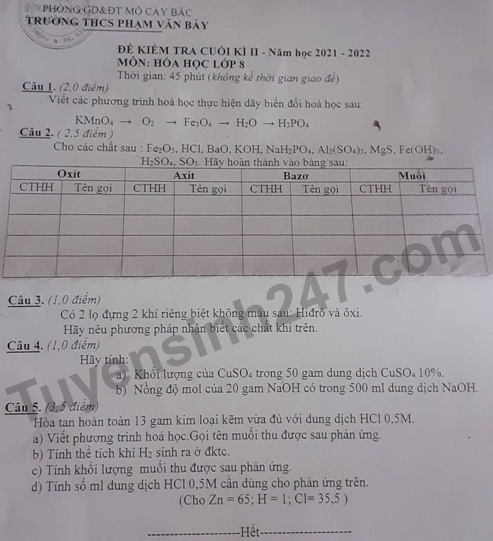 De thi hoc ki 2 mon Hoa lop 8 nam 2022 - THCS Pham Van Dong
