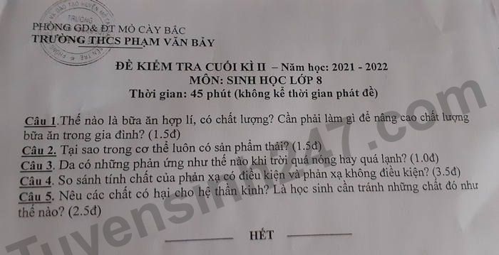 De thi hoc ki 2 mon Sinh THCS Pham Van Bay nam 2022