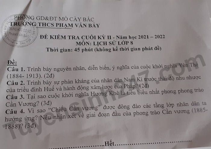 De thi hoc ki 2 mon Su lop 8 - THCS Pham Van Bay nam 2022
