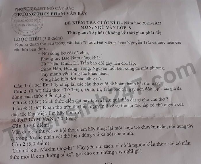 De thi hoc ki 2 - THCS Pham Van Bay nam 2022 lop 8 mon Van