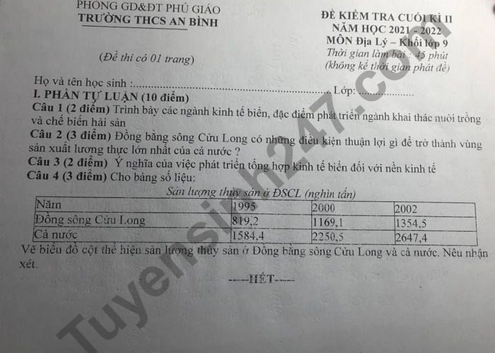 De thi ki 2 mon Dia 2022 THCS An Binh lop 9