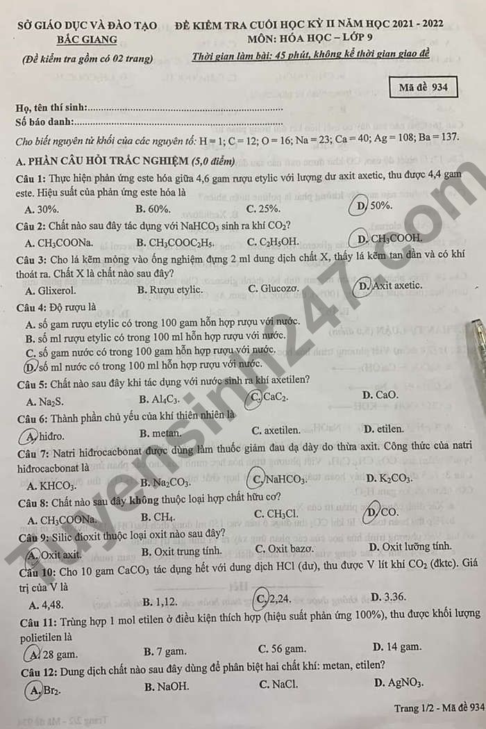 De thi ki 2 mon Hoa tinh Bac Giang 2022 lop 9