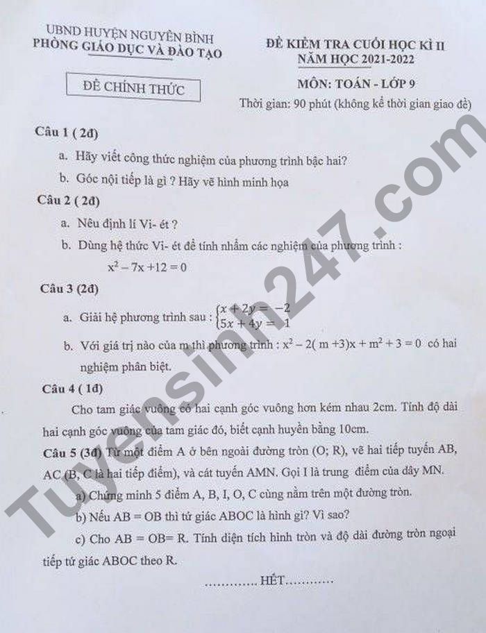 De thi ki 2 lop 9 mon Toan Huyen Nguyen Binh 2022