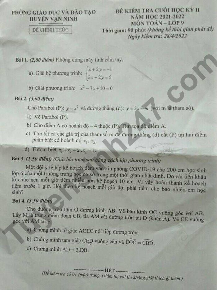 De thi ki 2 mon Toan lop 9 Huyen Van Ninh 2022