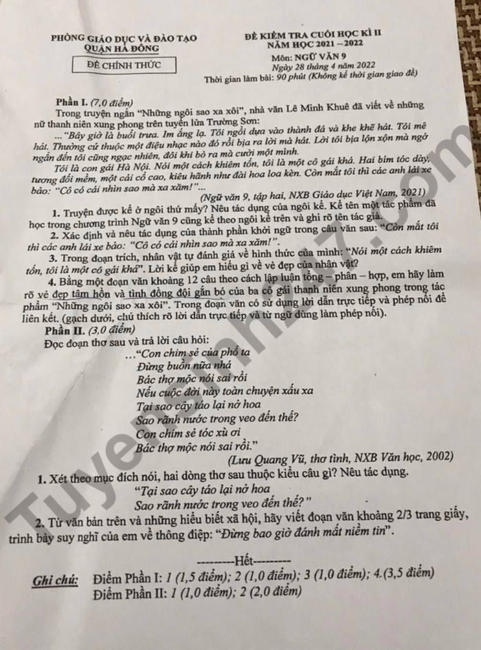 De thi ki 2 mon Van 2022 Quan Ha Dong lop 9