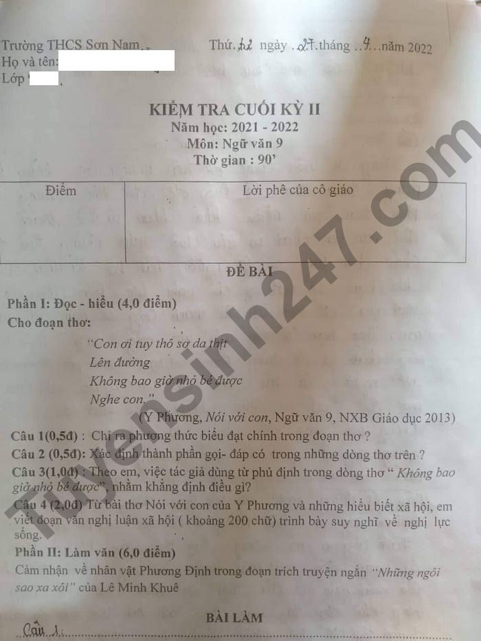 De thi ki 2 mon Van 2022 THCS Son Nam lop 9