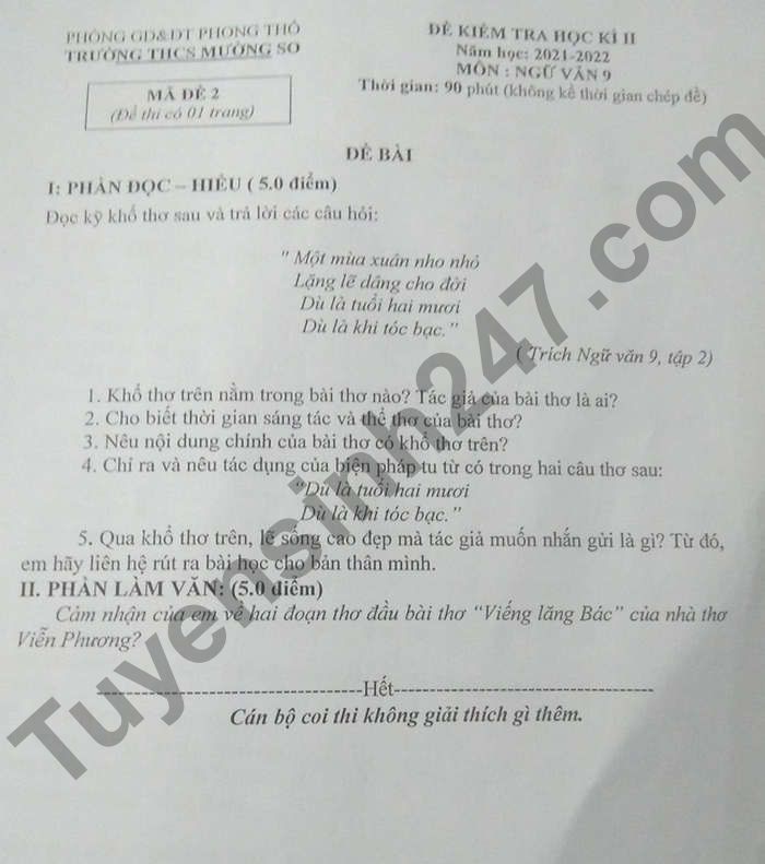 De thi ki 2 lop 9 THCS Muong So 2022 mon Van