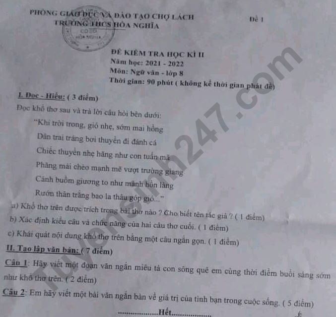 De ki 2 mon Van lop 8 nam 2022 - THCS Hoa Nghia