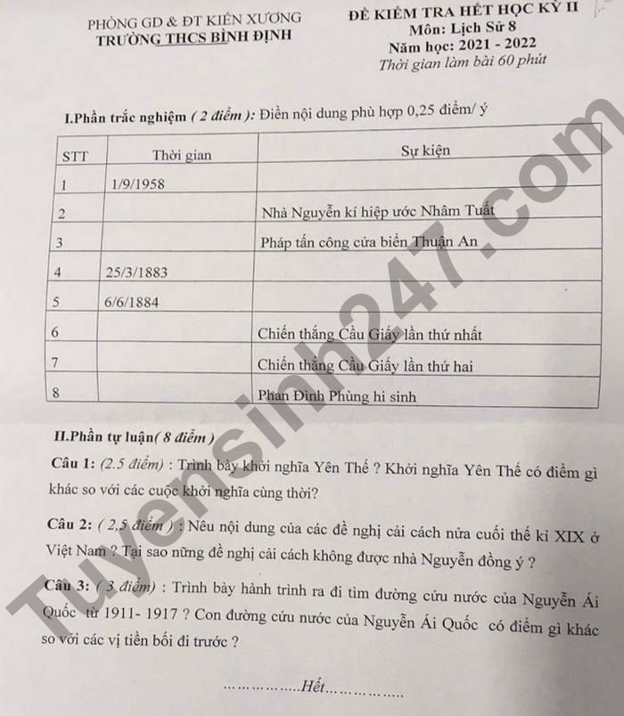 De thi ki 2 mon Su lop 8 THCS Binh Dinh 2022