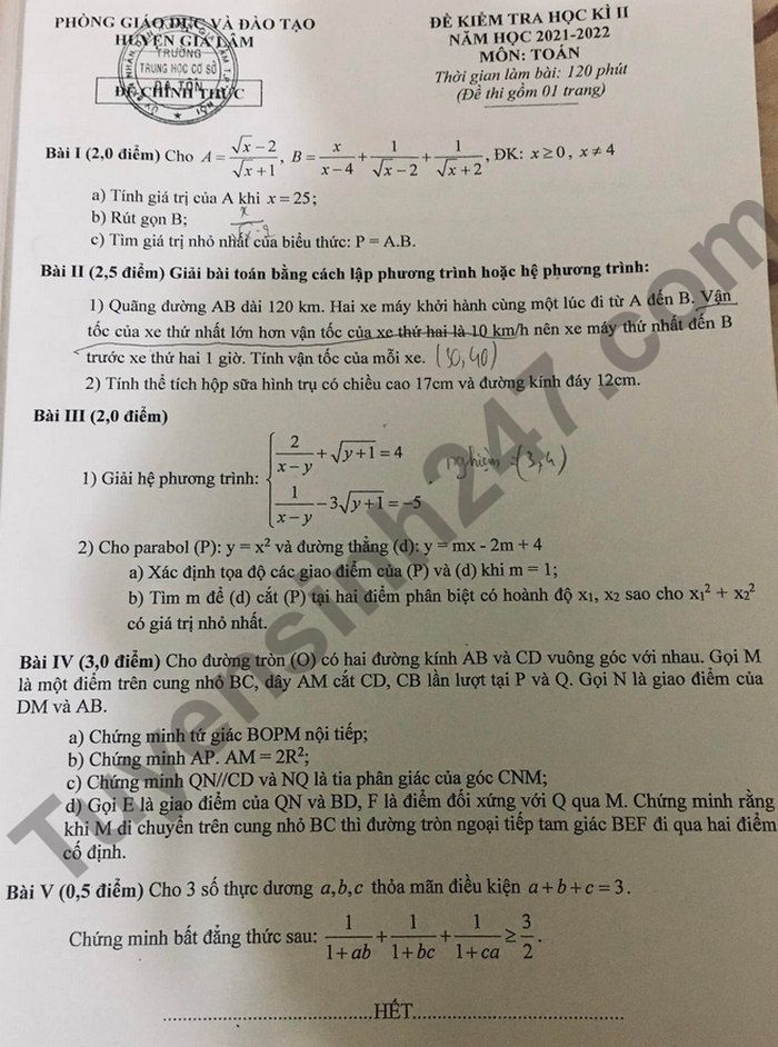 De thi ki 2 mon Toan Huyen Gia Lam lop 9 2022