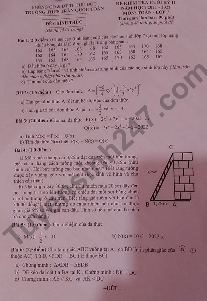 De thi ki 2 mon Toan THCS Tran Quoc Toan lop 7 2022