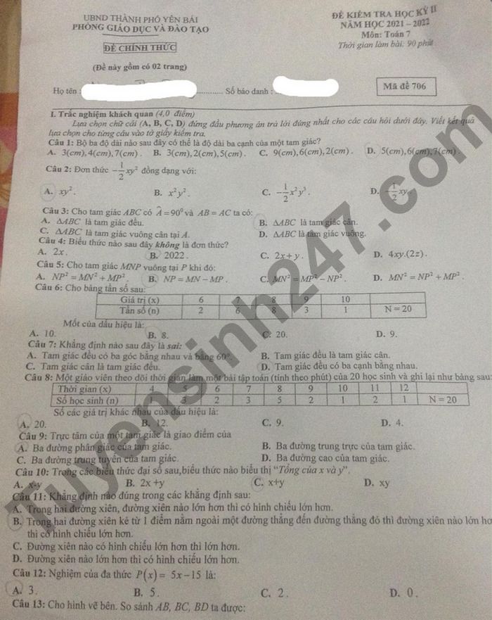 De thi ki 2 2022 mon Toan TP Yen Bai lop 7