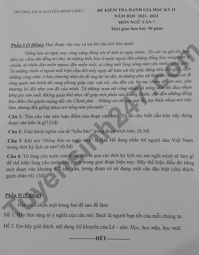 De thi ki 2 lop 7 mon Van PTCS Nguyen Dinh Chieu 2022