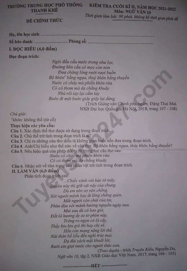 De thi ki 2 lop 10 mon Van nam 2022 - THPT Thanh Khe