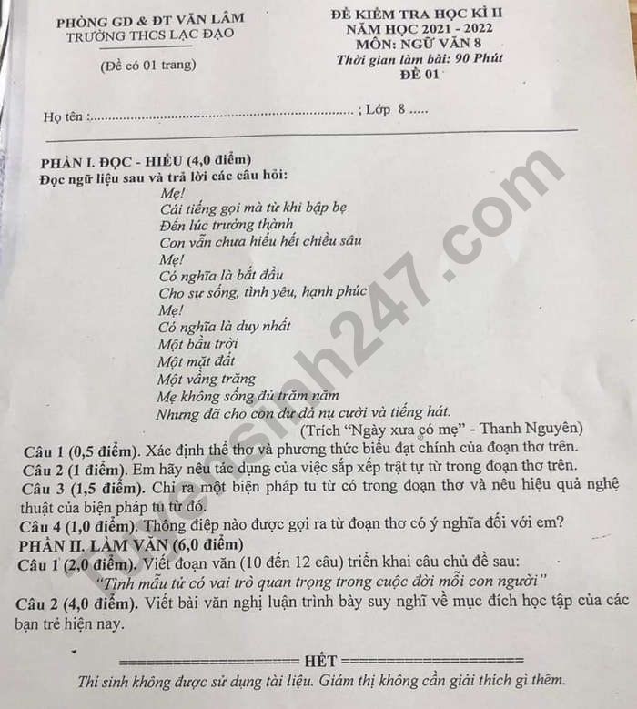 De thi ki 2 lop 8 mon Van 2022 - THCS Lac Dao