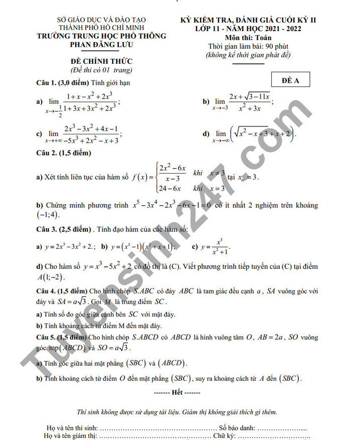 De thi ki 2 THPT Phan Dang Luu lop 11 2022 mon Toan
