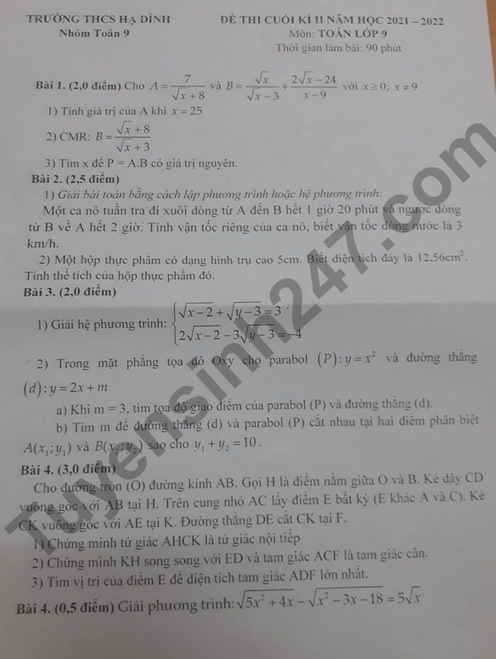De thi ki 2 mon Toan THCS Ha Dinh lop 9 2022