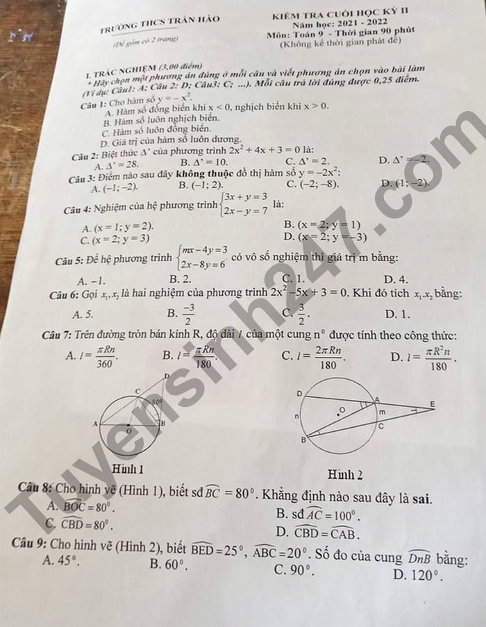 De thi ki 2 mon Toan THCS Tran Hao lop 9 2022