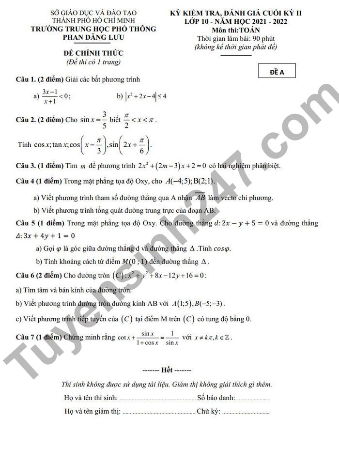 De thi ki 2 mon Toan THPT Phan Dang Luu lop 10 2022