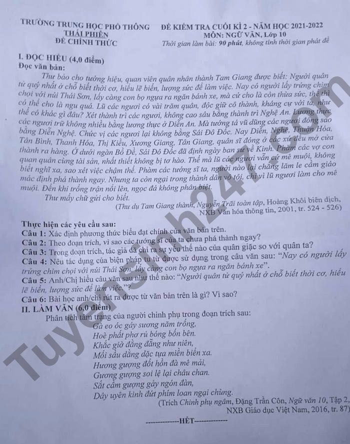 De thi ki 2 mon Van lop 10 THPT Thai Phien 2022