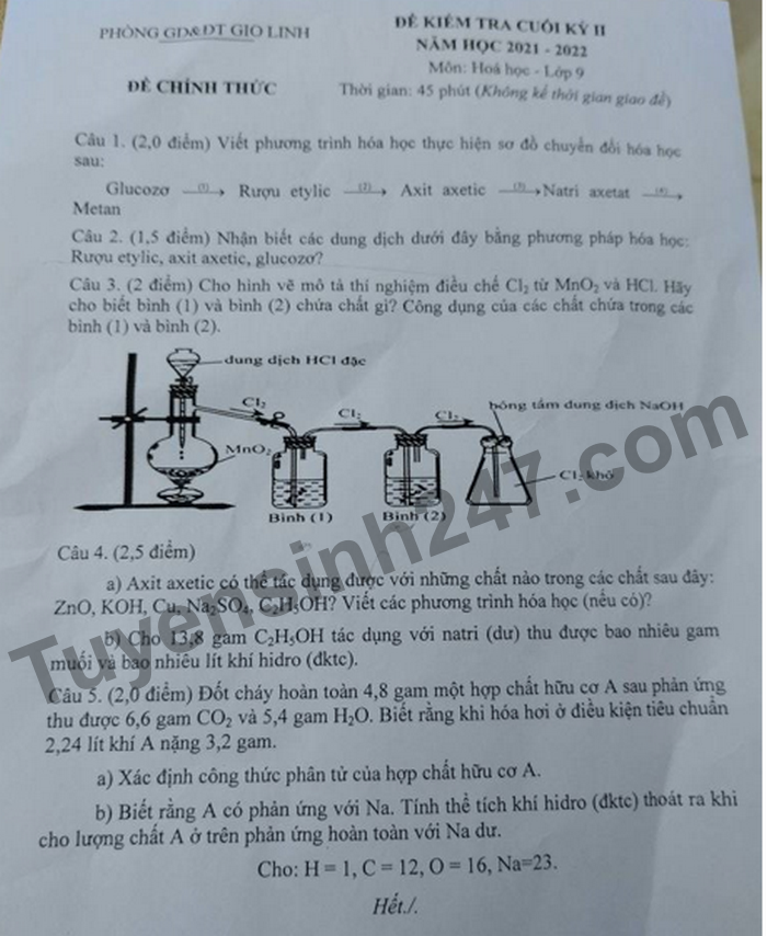 De thi ki 2 mon Hoa lop 9 Phong GD va DT Gio Linh nam 2022